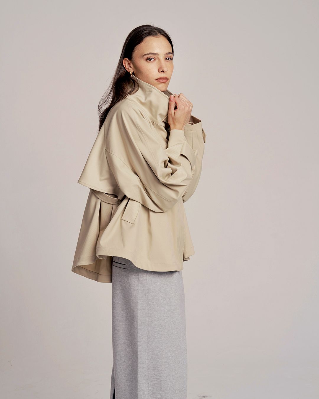 FRONT-ZIP BATWING TRENCH JACKET - KHAKI