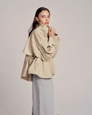 FRONT-ZIP BATWING TRENCH JACKET - KHAKI