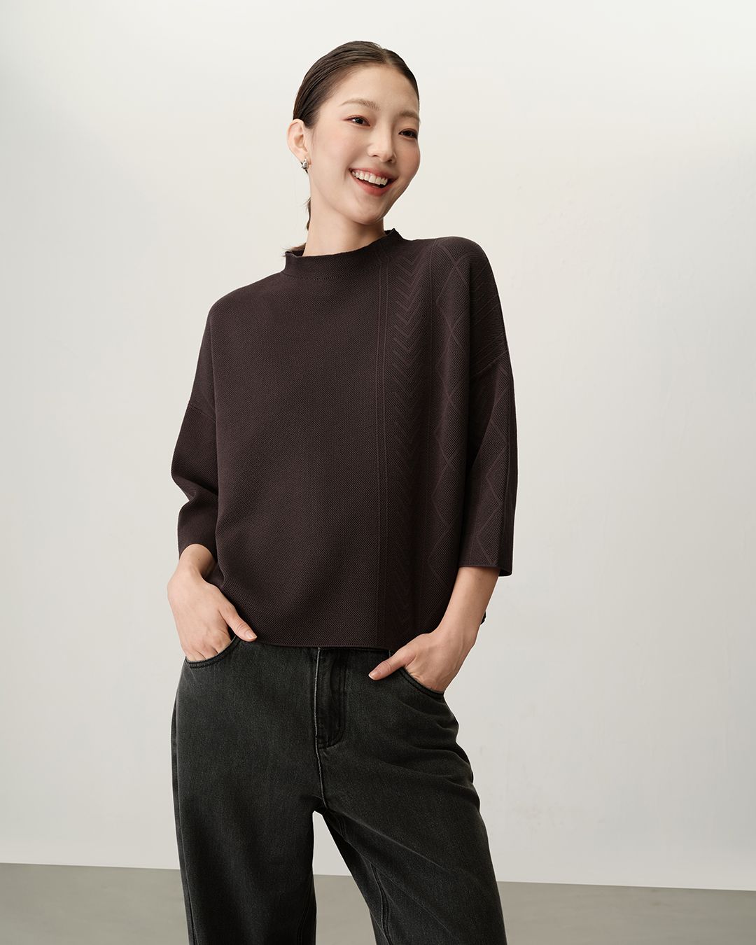 ASYMMETRIC MIXED-CABLE KNIT SWEATER - DARK GREY