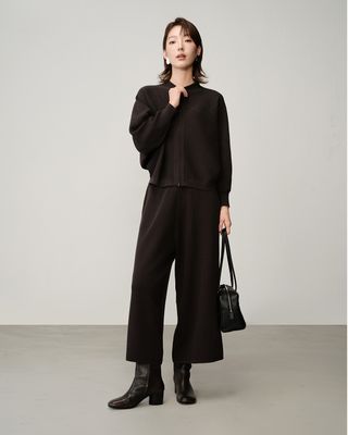 MIXED-CABLE PATTERN BATWING ZIP KNIT CARDIGAN -DARK GREY