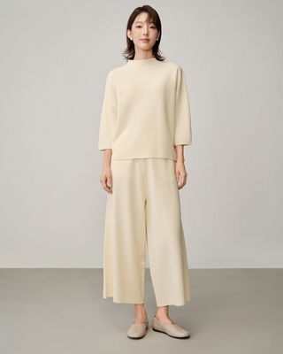 ASYMMETRIC MIXED-CABLE KNIT SWEATER - ALMOND