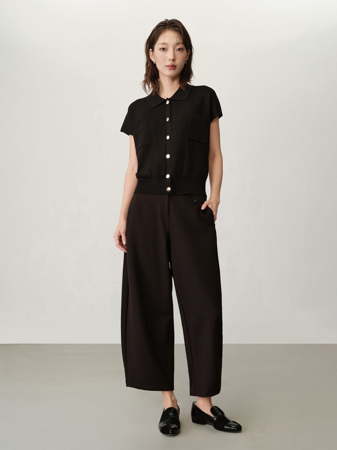 DOUBLE KNIT BARREL-LEG PANTS - BLACK