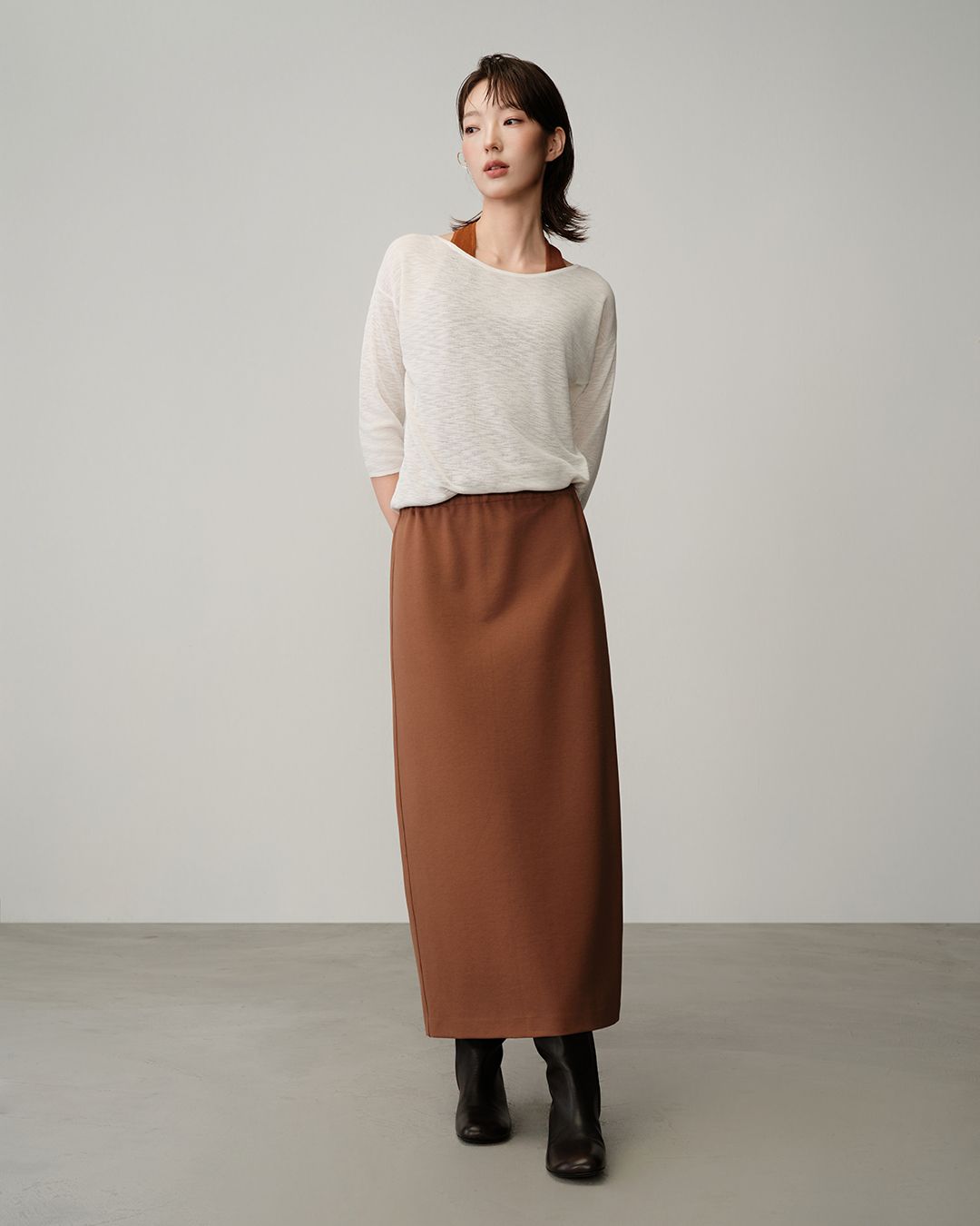 HIGH SLIT DOUBLE KNIT LONG SKIRT - GINGER