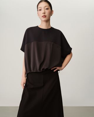 SATIN-PANEL OVERSIZE DRAWSTRING TOP - TEAL/ BLACK