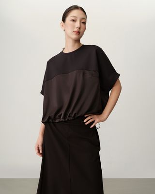 SATIN-PANEL OVERSIZE DRAWSTRING TOP - TEAL/ BLACK