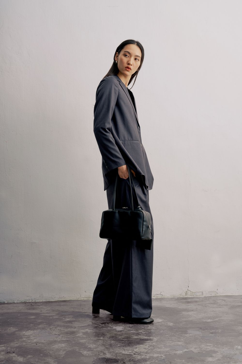 PLEATED LONG WOOL-BLEND TAILORED PANTS - DARK GREY
