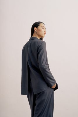 PLEATED LONG WOOL-BLEND TAILORED PANTS - DARK GREY