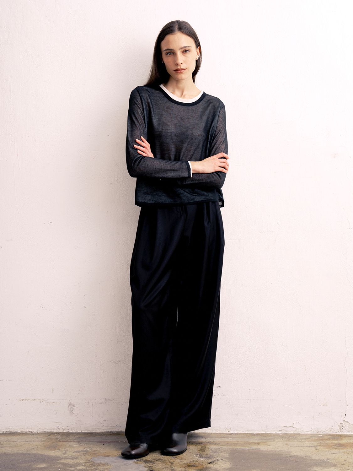 PLEATED LONG WOOL-BLEND TAILORED PANTS - BLACK