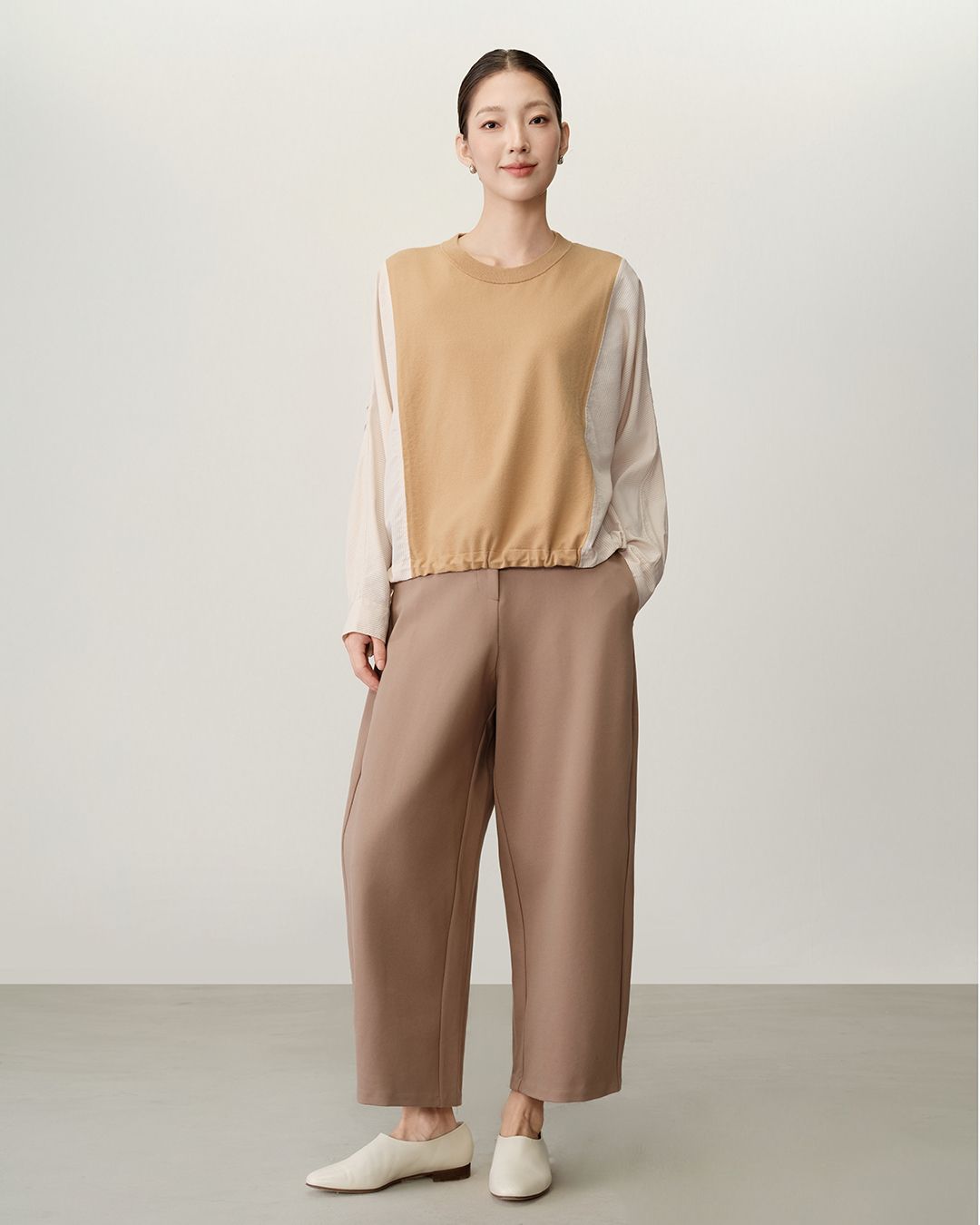 FABRIC BLOCKING ADJUSTABLE HEM TOP - CAMEL/CHALK STRIPE