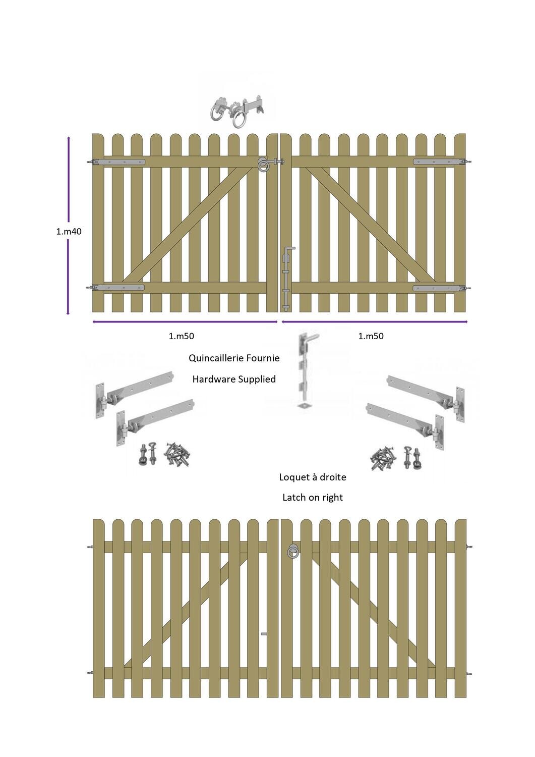 Santos 1400 Palisade gate, Right or Left Latch: RIGHT, Size: 3.00m ( 2 x 1.50m ), Hardware finish: Galvanised