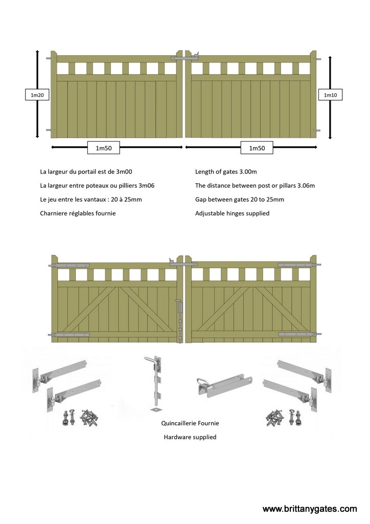 &quot;Knockhatch&quot; Semi-Boarded Driveway Gates., Length: 3.00m, Hardware finish: &quot;Hot dip&quot; Galvanized