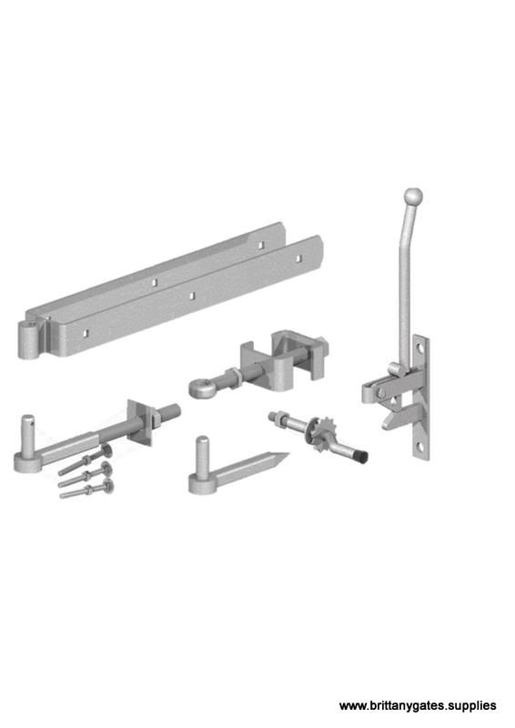 Kit ENGLISH GATE, ONE-WAY OPENING: Adj hinges, top hook to bolt, bottom hook to drive, pad-lockable, long-handled latch, galv.