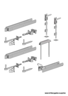 Kit de quincaillerie pour portails anglaise, DEUX BATTANT. EXTRA, gond à boulon à travers et gond à enfoncer, galvanisé.
