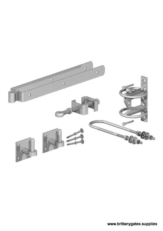 Kit PORTAIL ANGLAIS, OUVERT UNE DIRECTION: Charnières régl, faciles à installer gond sur platine, loquet pour animaux, cadenassable, galv.