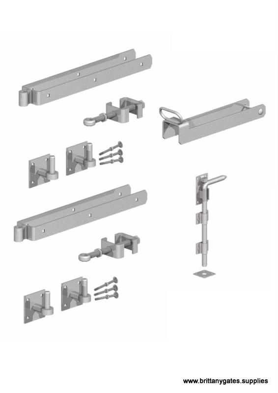 Kit de quincaillerie pour portails anglaise, DEUX BATTANT, STANDARD, gonds sur platines, galvanisé.