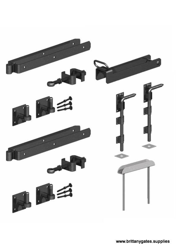 Kit de quincaillerie pour portails anglaise DEUX BATTANT, EXTRA, boulon à travers, gond sur platine, revêtement en poudre noire.