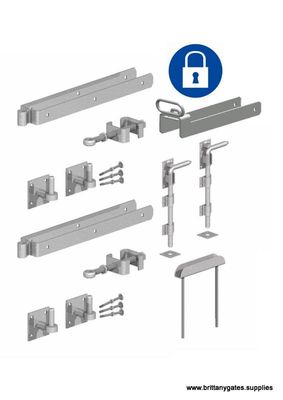 kit de quincaillerie pour portails anglaise, DEUX BATTANT, cadenassable. EXTRA, gonds sur platine, galvanisé.