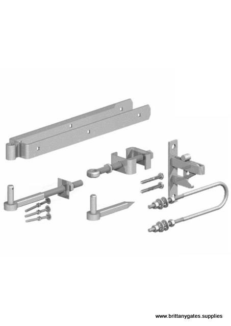 Kit ENGLISH GATE, ONE-WAY OPENING: Adj hinges, top hook to bolt, bottom hook to drive, pad-lockable, latch, safety striker, galv.