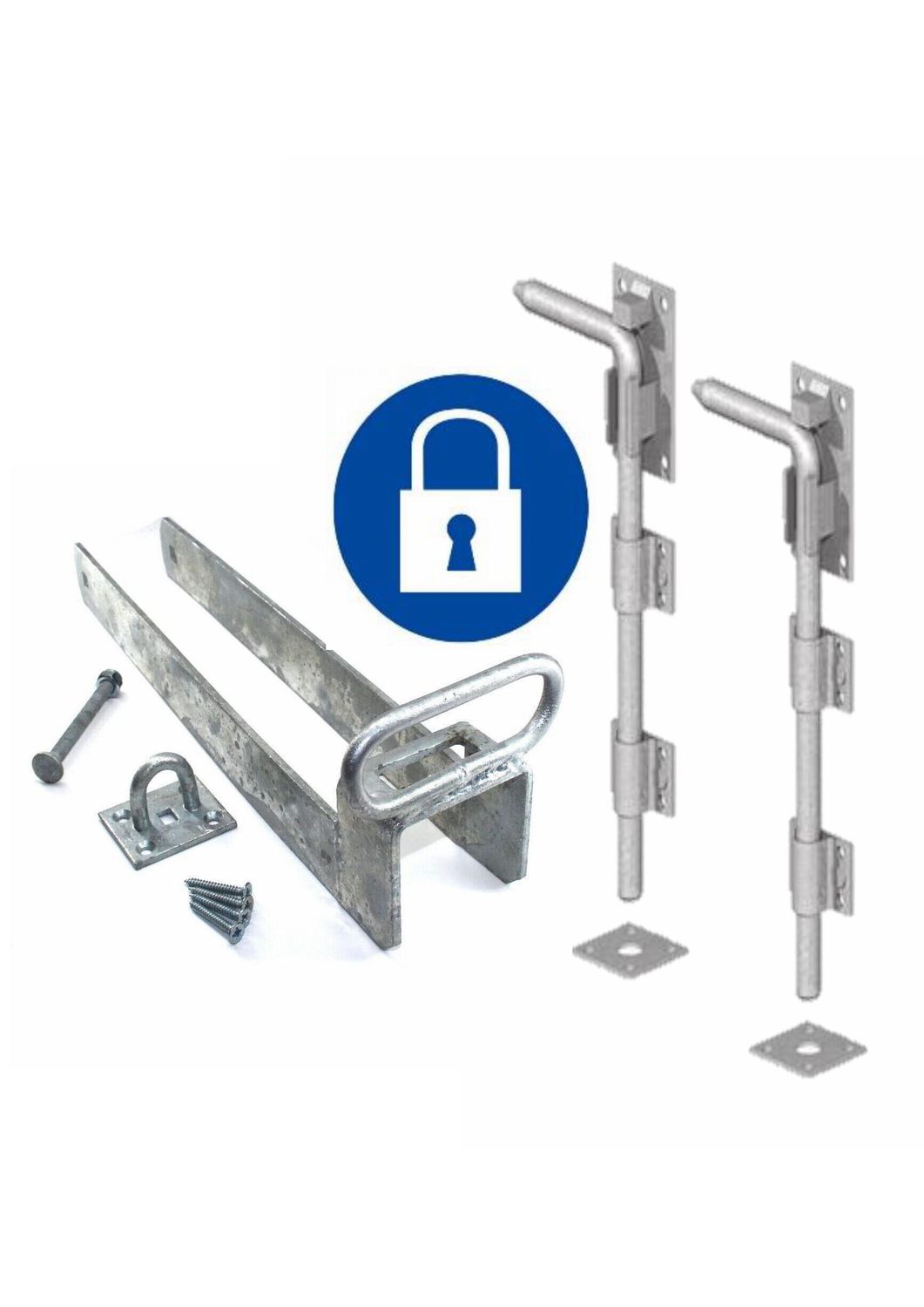 Fastener set: 450mm closing loop to padlock, two 600mm drop bolts, galvanised.