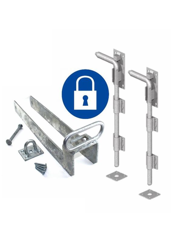 Fastener set: 450mm closing loop to padlock, two 600mm drop bolts, galvanised.