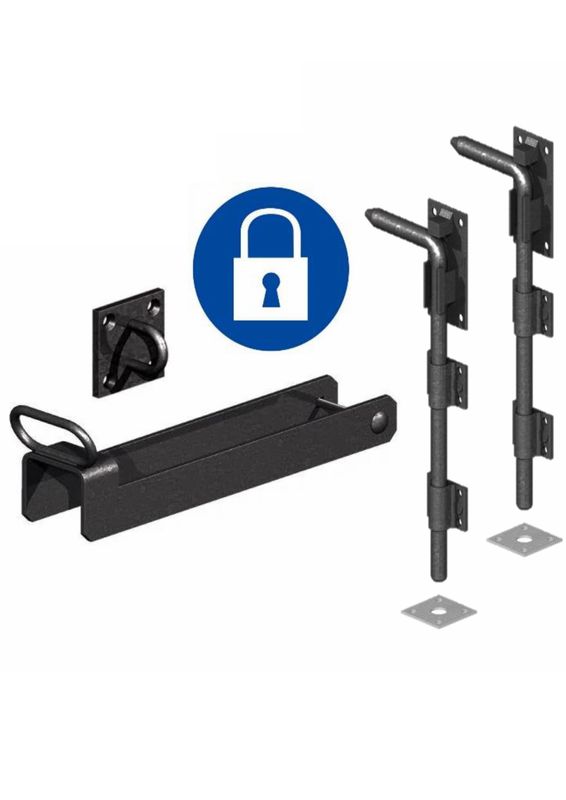 Fastener set: 450mm closing loop to padlock, two 600mm drop bolts, black polymer.