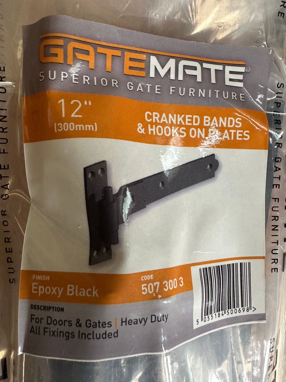 GATEMATE® Cranked hinge set, black polymer., Length / Width / Hook: 300mm / 40mm / 16mm