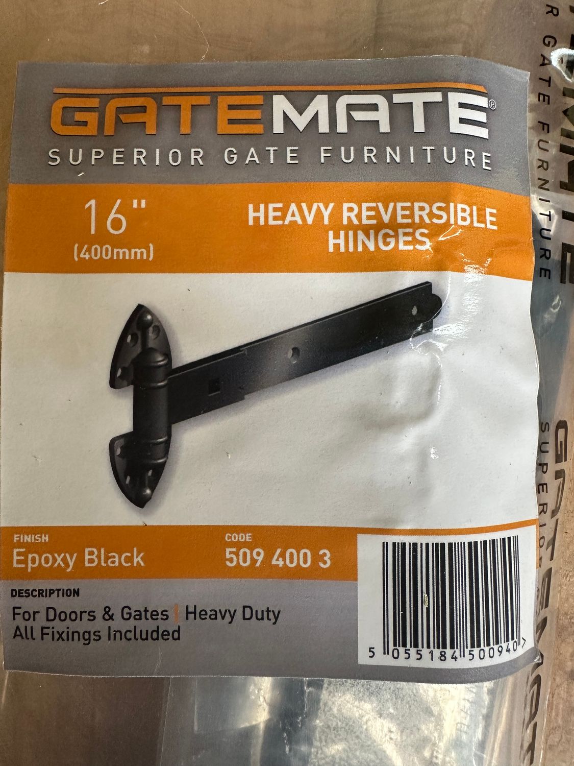 Reversible hinge set, black polymer, GATEMATE®, Length / Width / Hooks: 400mm / 40mm / 12mm