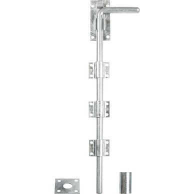 Drop bolt - Garage door bolt 450mm, galvanised, with three sliding guides, ground sleeve and square plate.