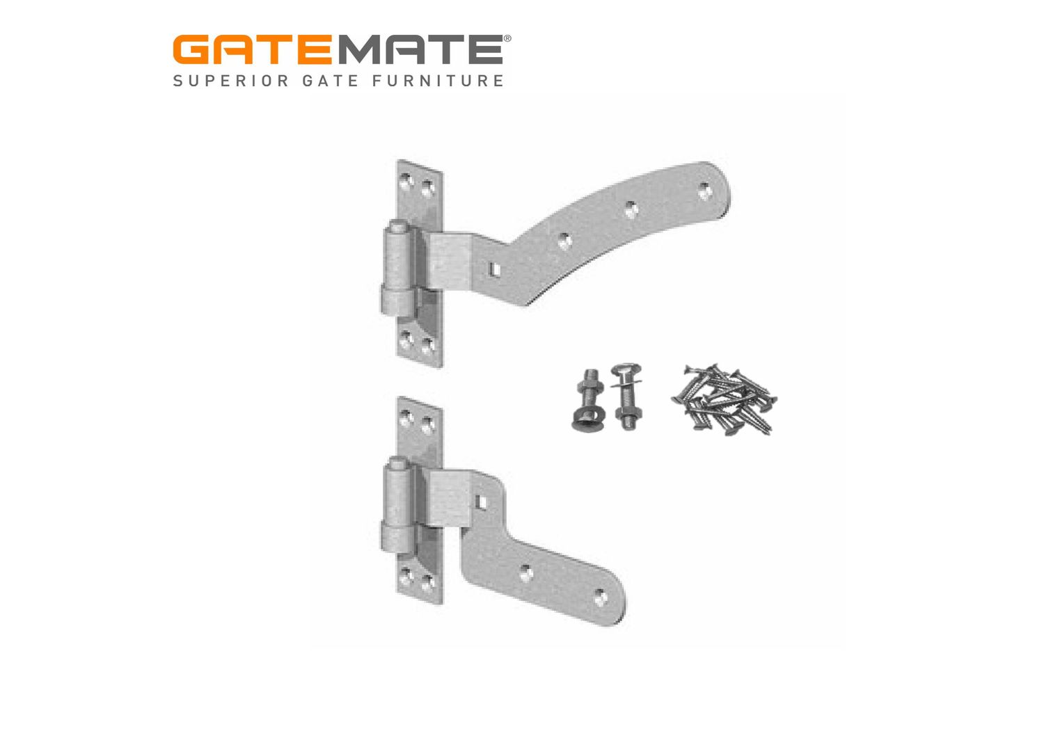 Curved cranked hinge set, galvanised.