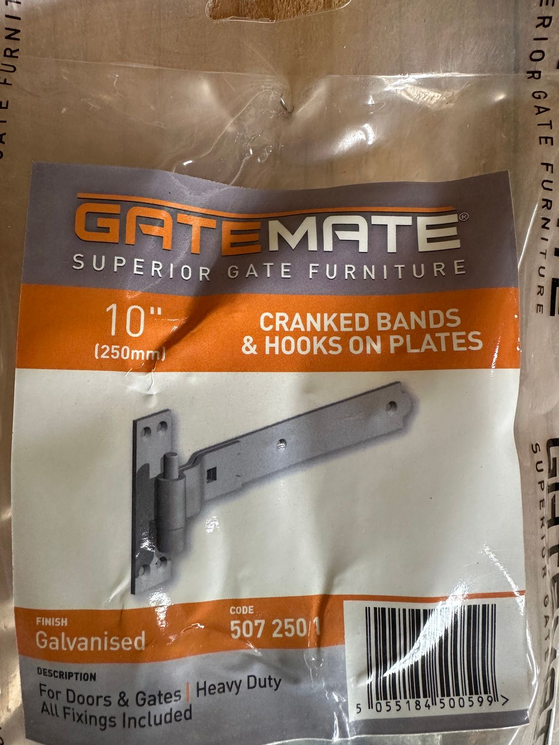 Cranked hinge set, galvanised., Length / Width / Hook: 250mm / 38mm / 12mm