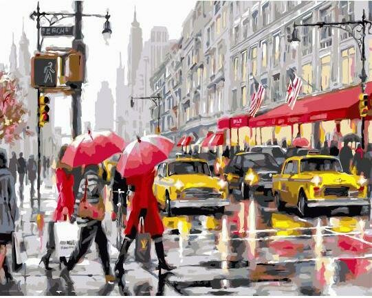 Картины по номерам 40х50см "Желтые такси и красные зонтики" ВанГогВоМне, ZX 23076