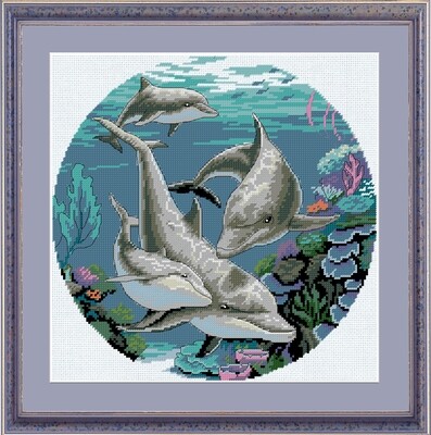 Набор для вышивания крестиком ЧУДО-ХОЛСТ "Дельфины" 27х27 см