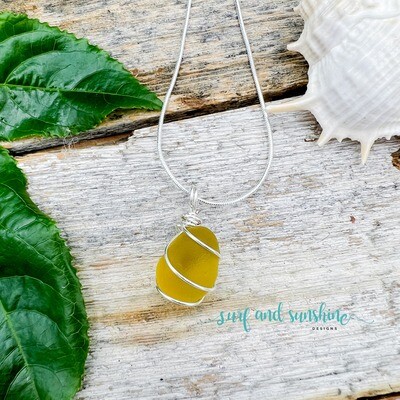 Authentic Sea Glass Wire Wrapped Pebble Necklace - VERY Rare Yellow