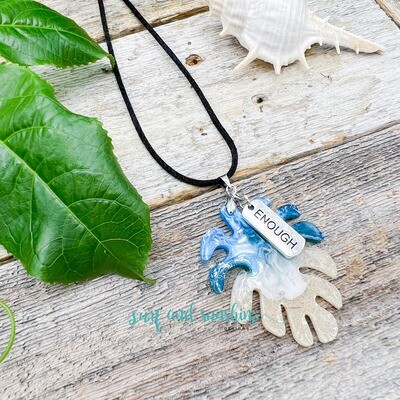 Tropical Leaf Pendant Beach Necklace with Motivational Word Charm