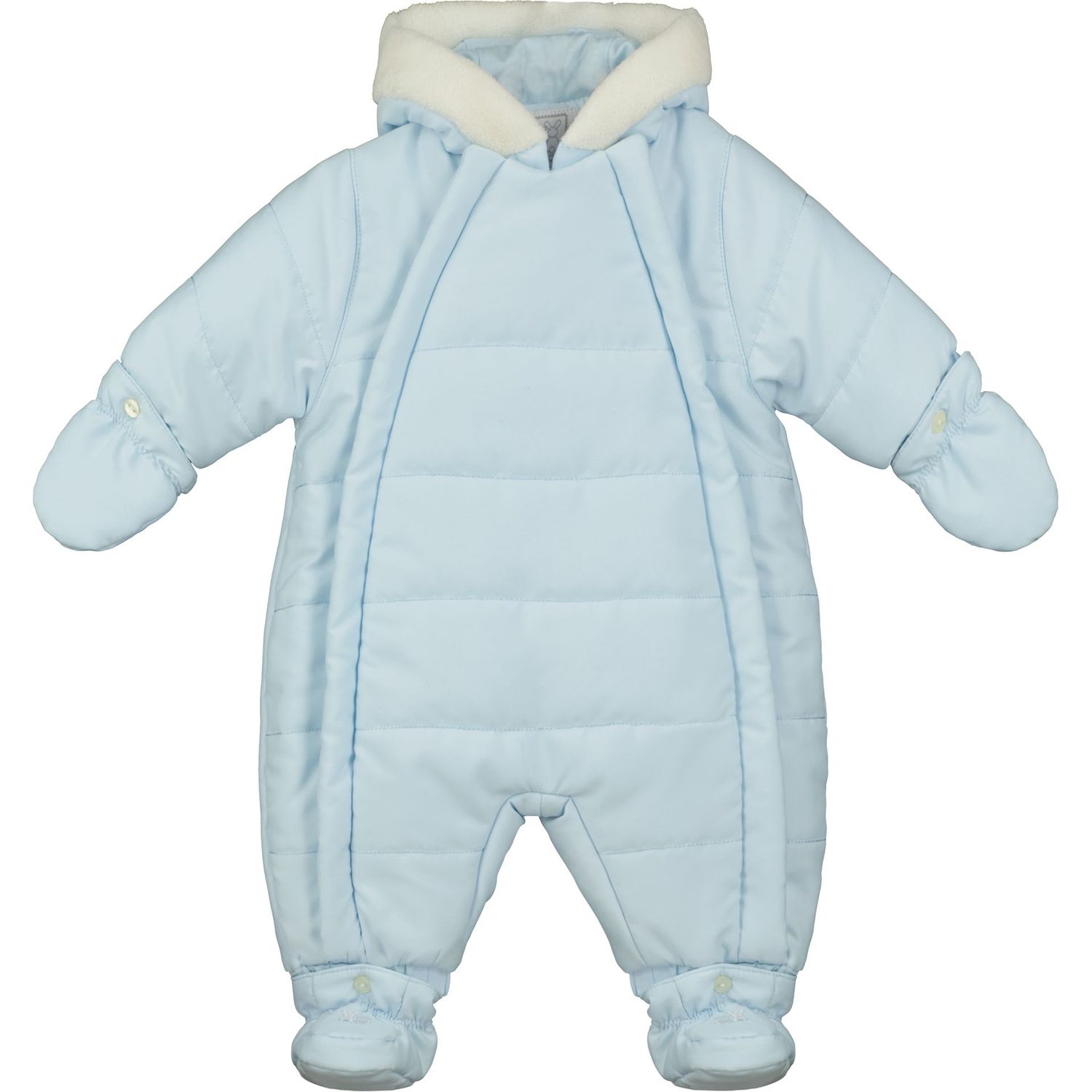 EMILE ET ROSE 'ERNIE' PALE BLUE AND WHITE TRIMMED SNOWSUIT WITH MITTS & BOOTTEES ER2566