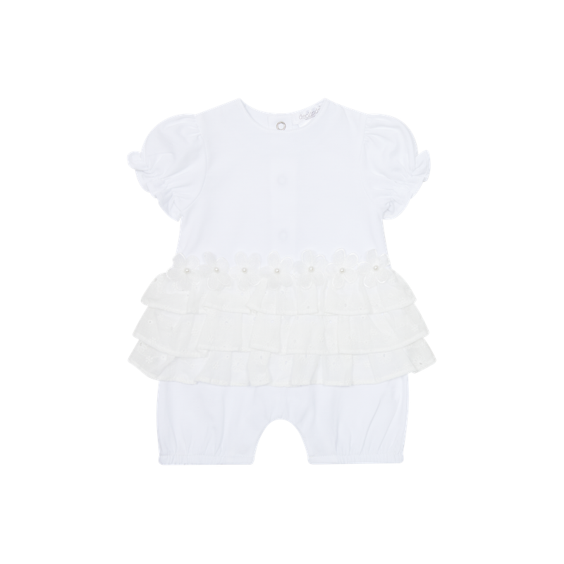 DEOLINDA 'SICILIA' WHITE SHORT ROMPER WITH FRILLS & FLOWERS DEO1505