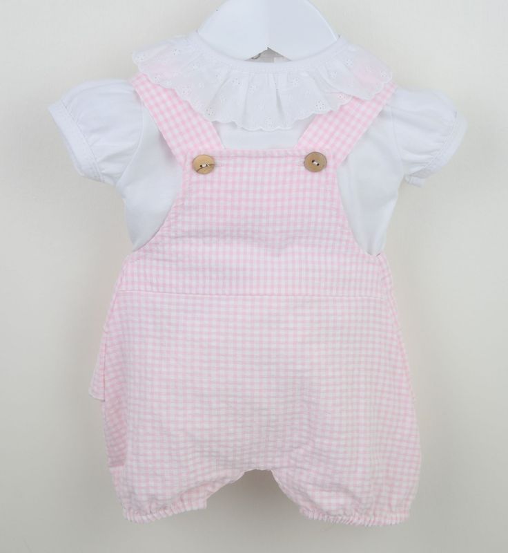 PEX 'EMELIE' PALE PINK & WHITE GINGHAM FRILL SHORT DUNGAREE SET PEX494