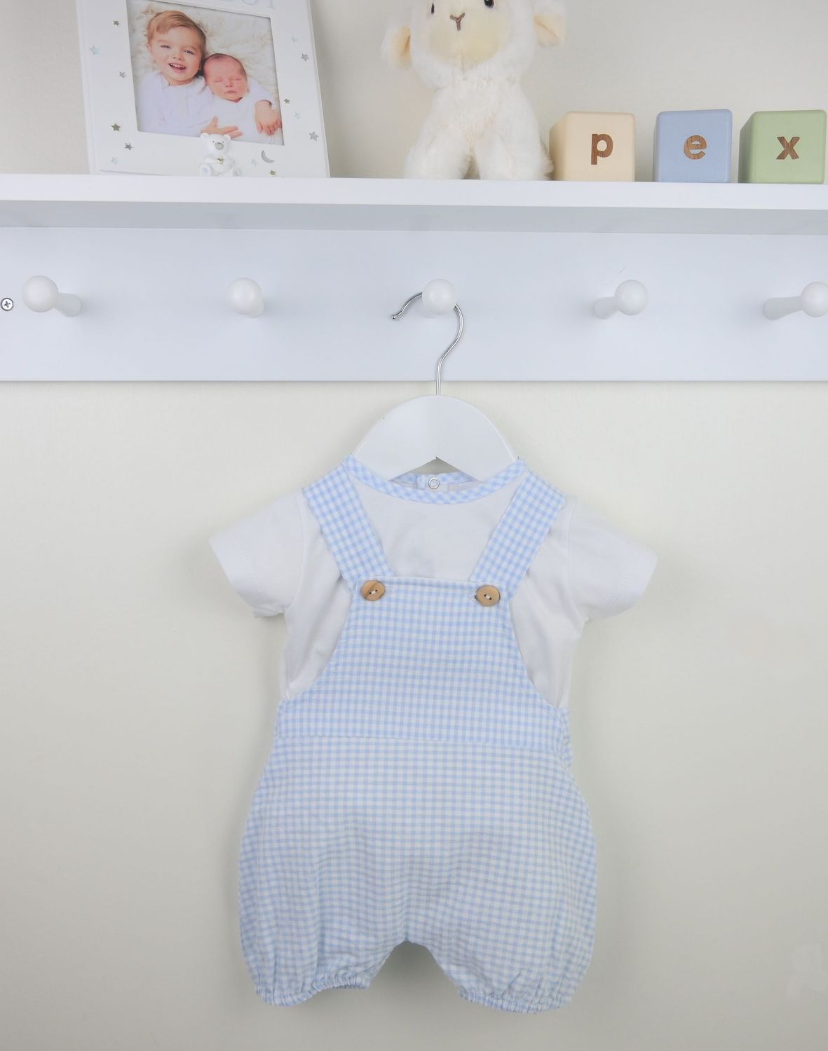 PEX 'BUSTER'  PALE BLUE & WHITE GINGHAM SHORT DUNGAREE SET PEX495