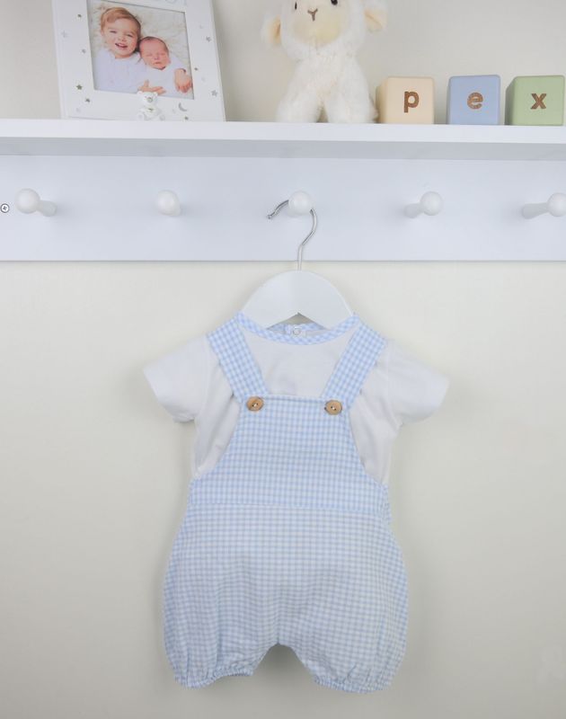 PEX 'BUSTER'  PALE BLUE & WHITE GINGHAM SHORT DUNGAREE SET PEX495  ** COMING SOON; AVAILABLE TO PRE-ORDER