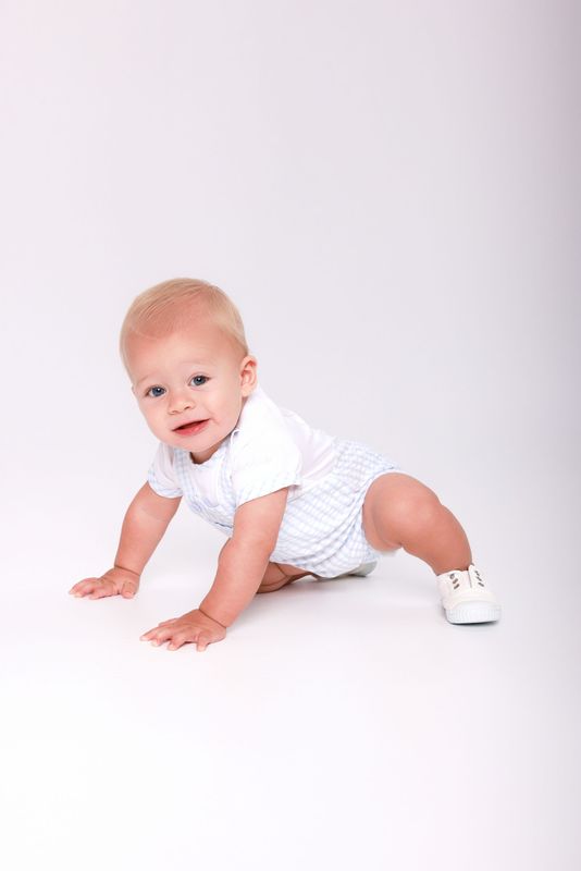 TUTTO PICCOLO PALE BLUE AND WHITE GINGHAM SHORT ROMPER  TP2421