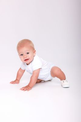 TUTTO PICCOLO PALE BLUE AND WHITE GINGHAM SHORT ROMPER  TP2421
