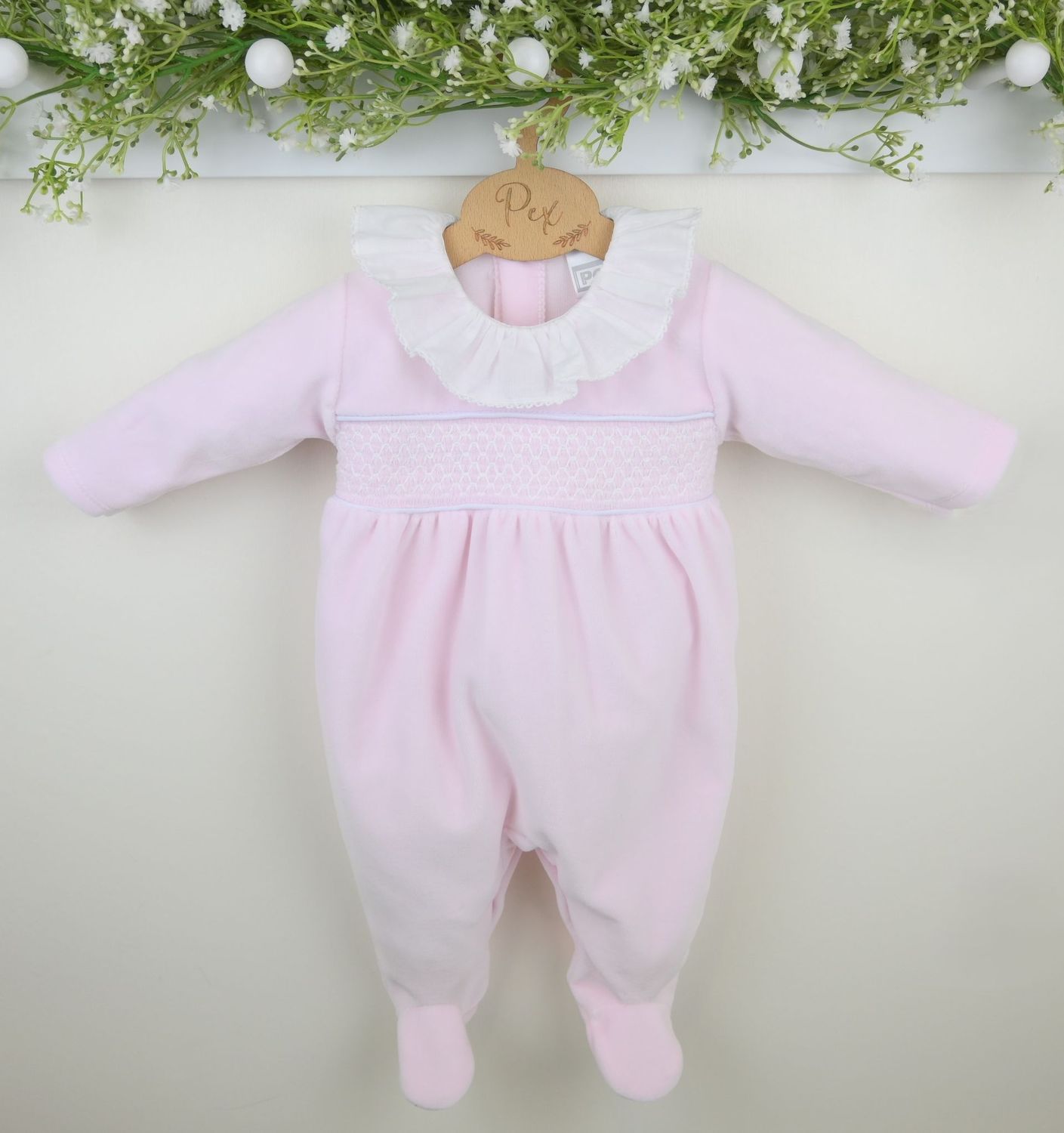 PEX 'EVIE' PALE PINK SMOCKED ALL IN ONE WITH FEET PEX0778 **COMING SOON**