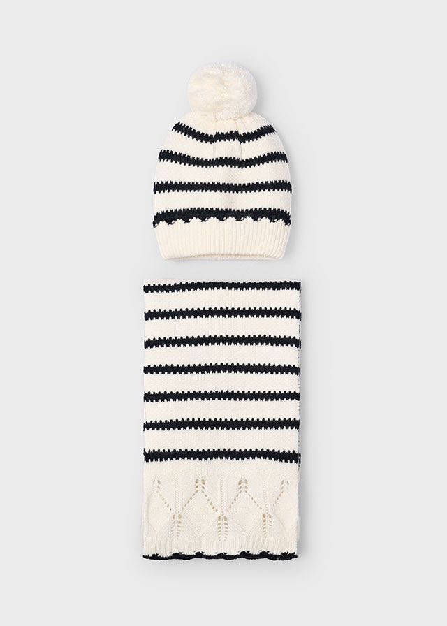 MAYORAL IVORY & BLACK KNITTED HAT & SCARF SET MAY10070