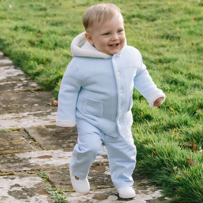 EMILE ET ROSE 'KAI' PALE BLUE KNITTED JACKET WITH IVORY TRIM HOOD ER9336 EMILE ET ROSE 'KAI' PALE BLUE KNITTED JACKET WITH IVORY TRIM HOOD ER9336