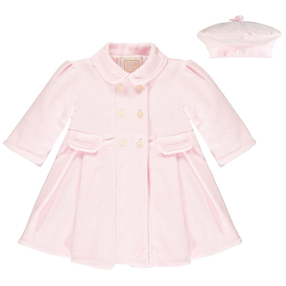 EMILE ET ROSE 'ROSANNA' PALE PINK VELOUR COAT AND MATCHING BERET ER9304 EMILE ET ROSE 'ROSANNA' PALE PINK VELOUR COAT AND MATCHING BERET ER9304