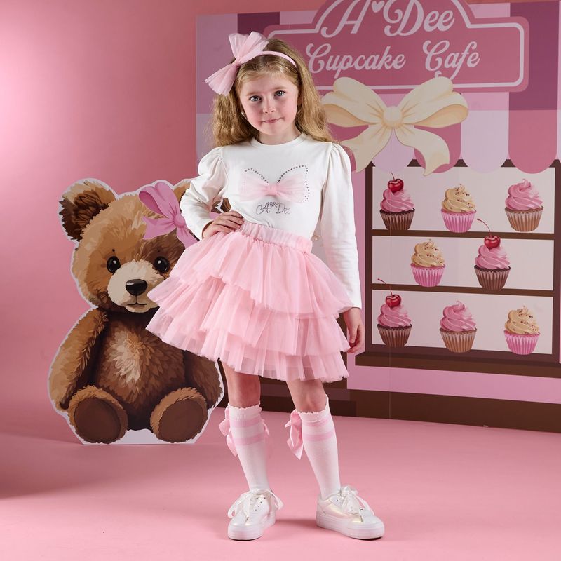 ADEE 'MACKENZIE' TULLE SKIRT SET IVORY TOP PINK SKIRT BIG BOW AD2514