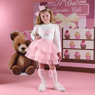 ADEE 'MACKENZIE' TULLE SKIRT SET IVORY TOP PINK SKIRT BIG BOW AD2514