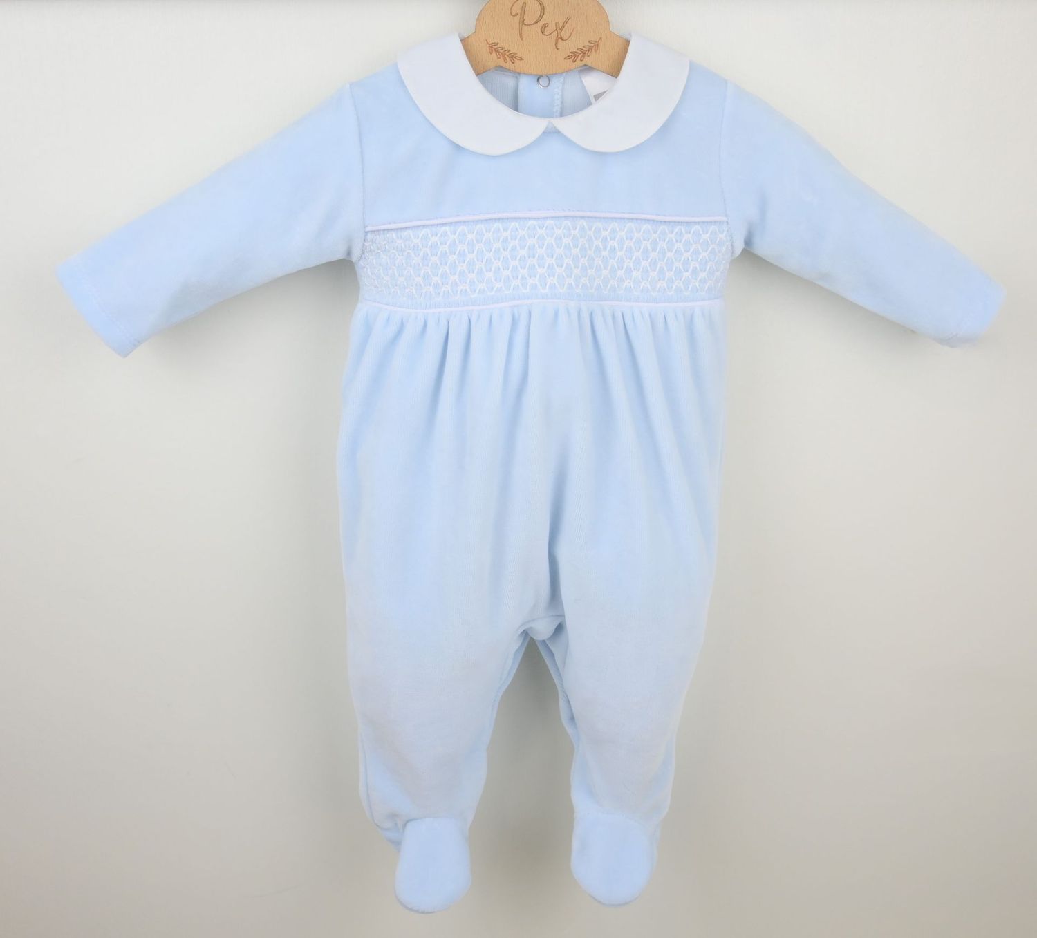 PEX ''ALBERT' PALE BLUE ALL IN ONE VELOUR WITH FEET PEXB0782  **COMING SOON
