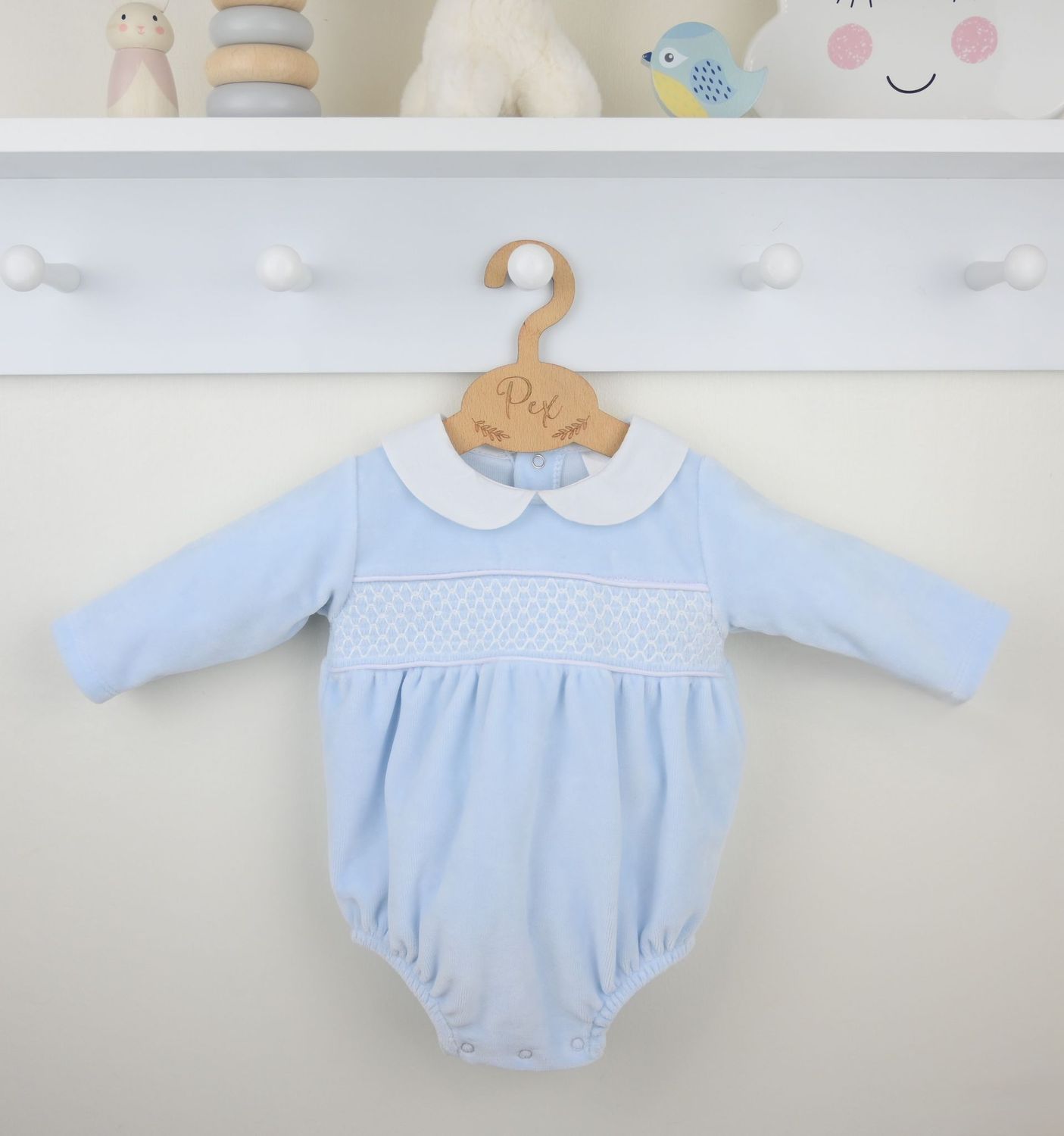 PEX ''ALBERT' PALE BLUE SMOCKED VELOUR ROMPER PEXB0781 **COMING SOON