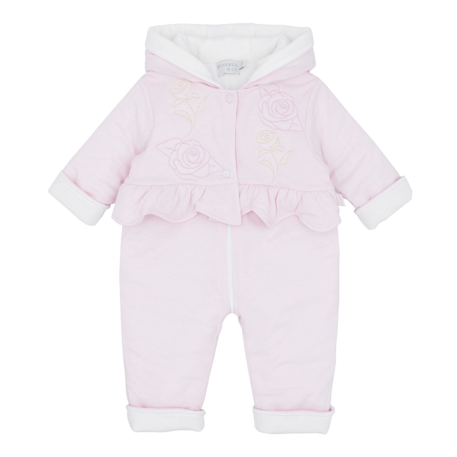 PASTELS & CO 'LARA' PALE PINK ROSE MOTIF PRAMSUIT PAS309G PASTELS & CO 'LARA' PALE PINK ROSE MOTIF PRAMSUIT PAS309G